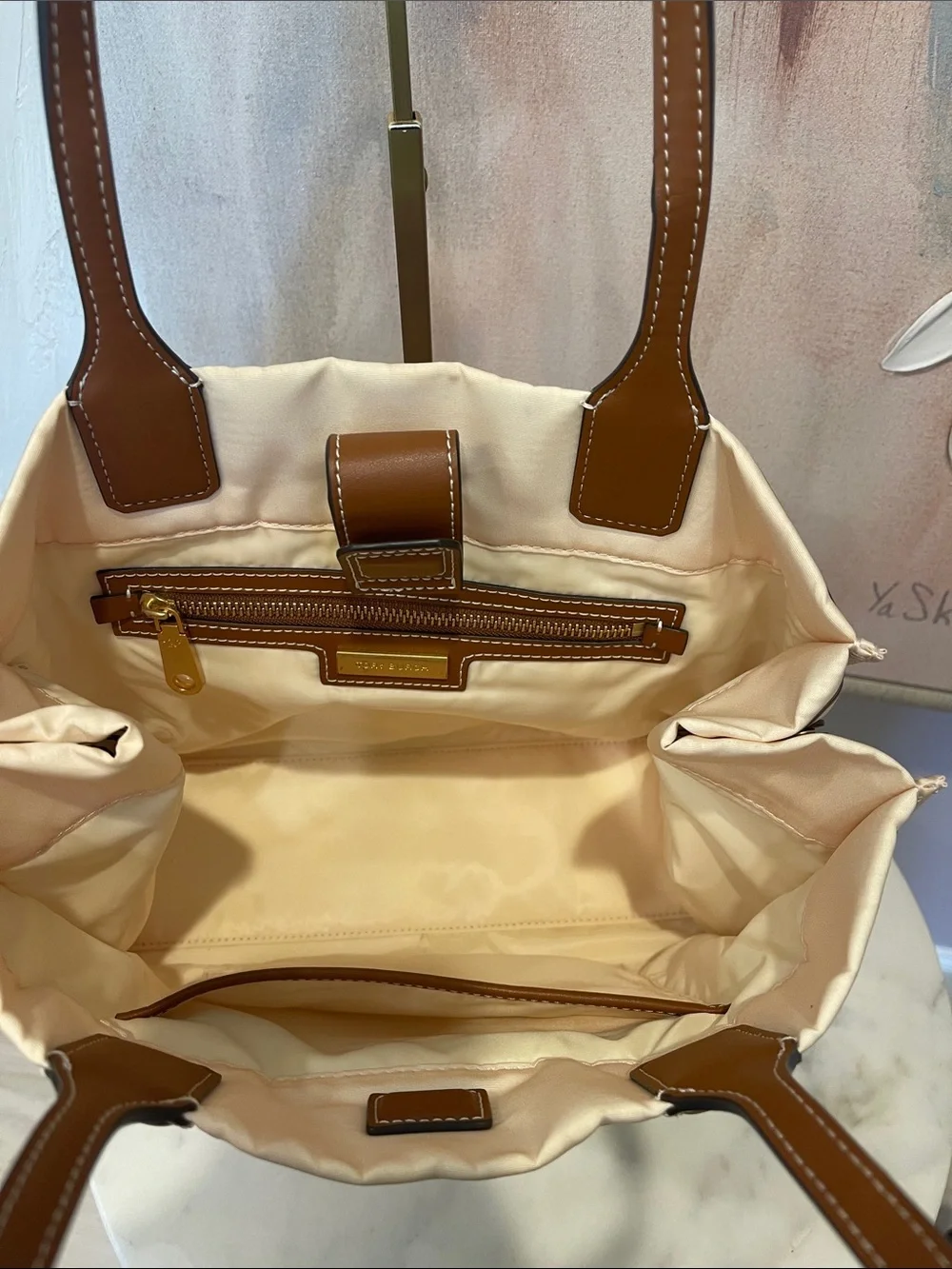 NWOT Tory Burch Ella Floral Canvas Tote with Brown Leather Logo and Handles